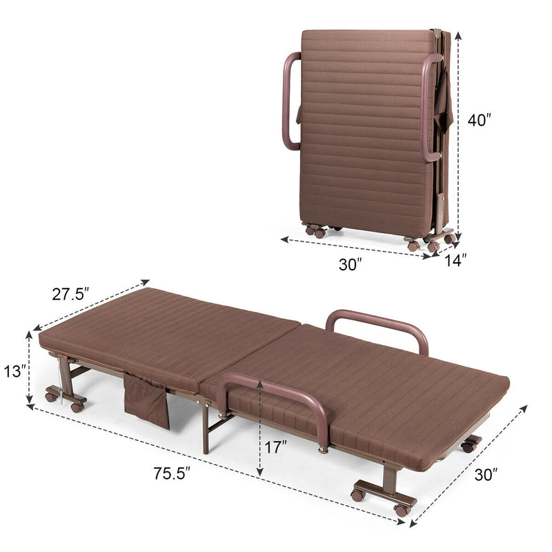 Adjustable Guest Single Bed Lounge Portable Wheels-Brown