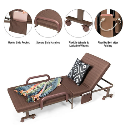 Adjustable Guest Single Bed Lounge Portable Wheels-Brown