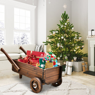 Wooden Wagon Planter Box with Wheels Handles and Drainage Hole-Rustic Brown