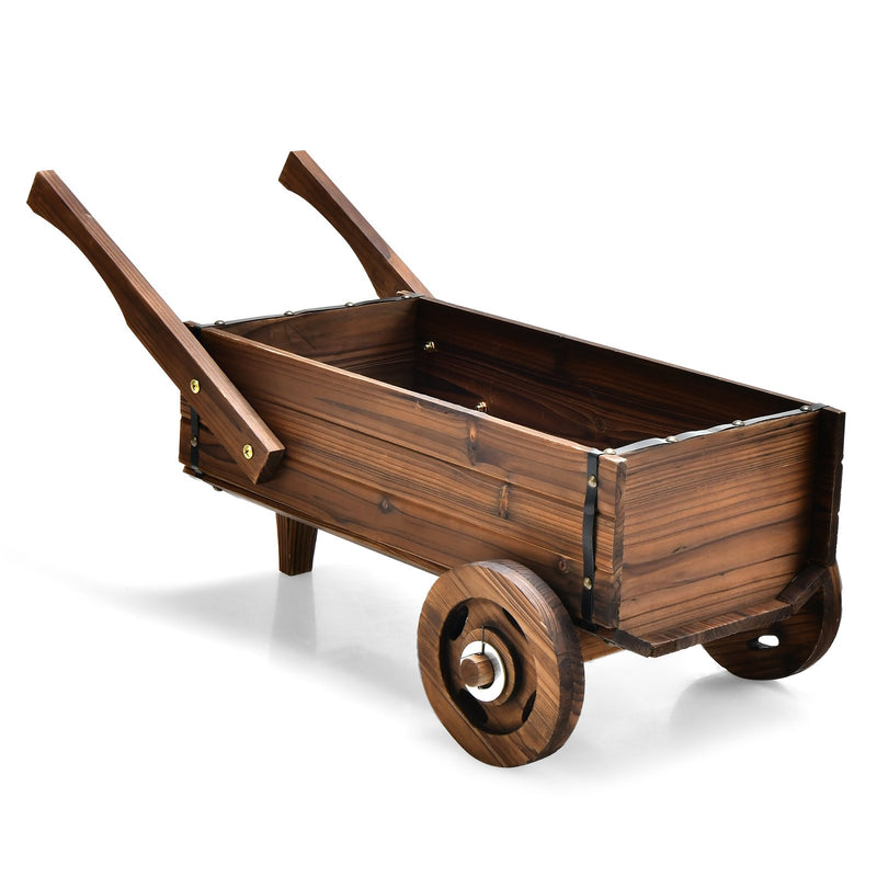 Wooden Wagon Planter Box with Wheels Handles and Drainage Hole-Rustic Brown