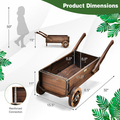 Wooden Wagon Planter Box with Wheels Handles and Drainage Hole-Rustic Brown