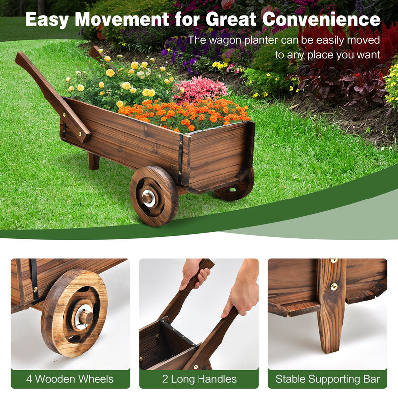 Wooden Wagon Planter Box with Wheels Handles and Drainage Hole-Rustic Brown