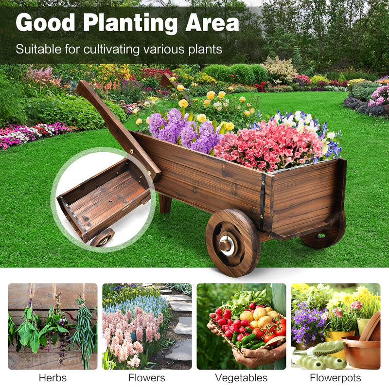 Wooden Wagon Planter Box with Wheels Handles and Drainage Hole-Rustic Brown