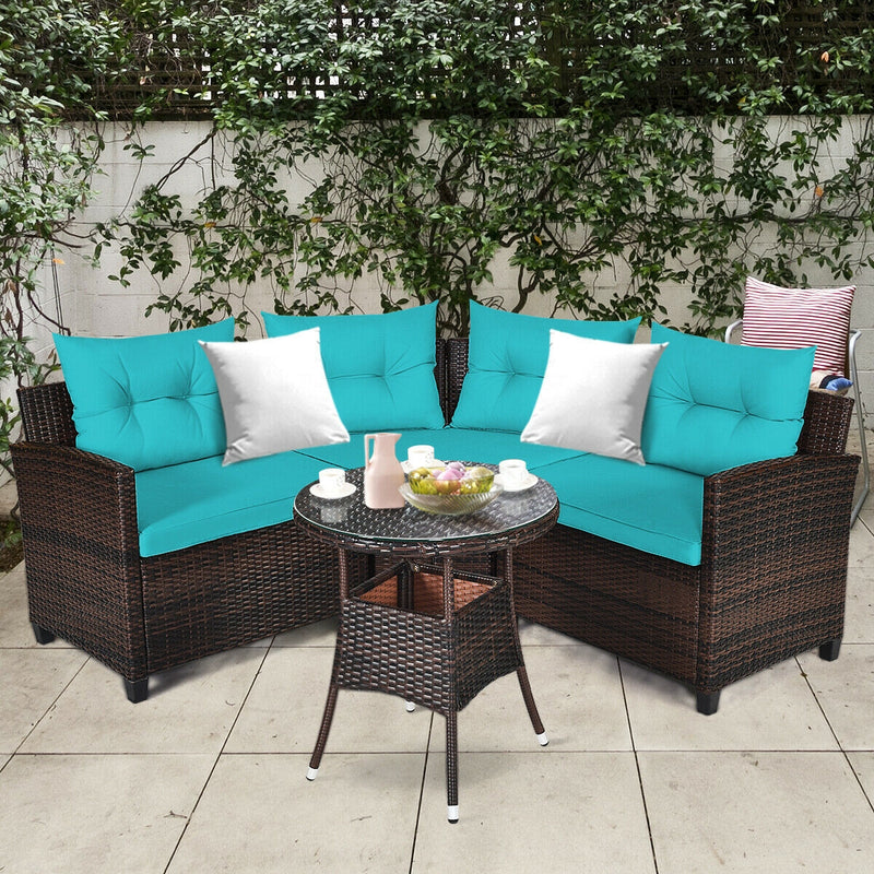 4Pcs Outdoor Cushioned Rattan Furniture Set-Turquoise