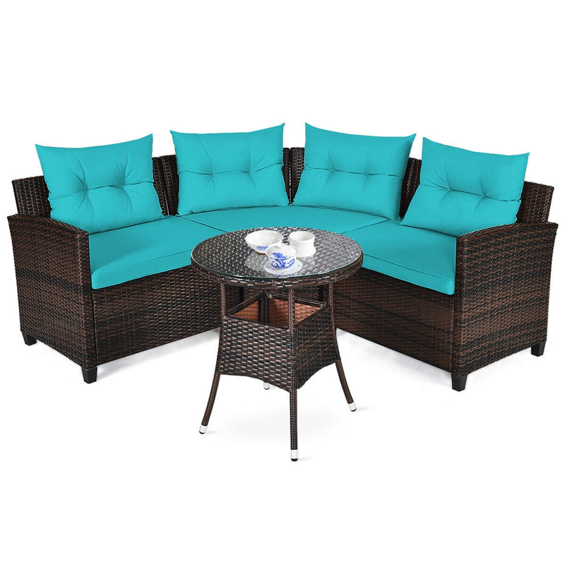 4Pcs Outdoor Cushioned Rattan Furniture Set-Turquoise