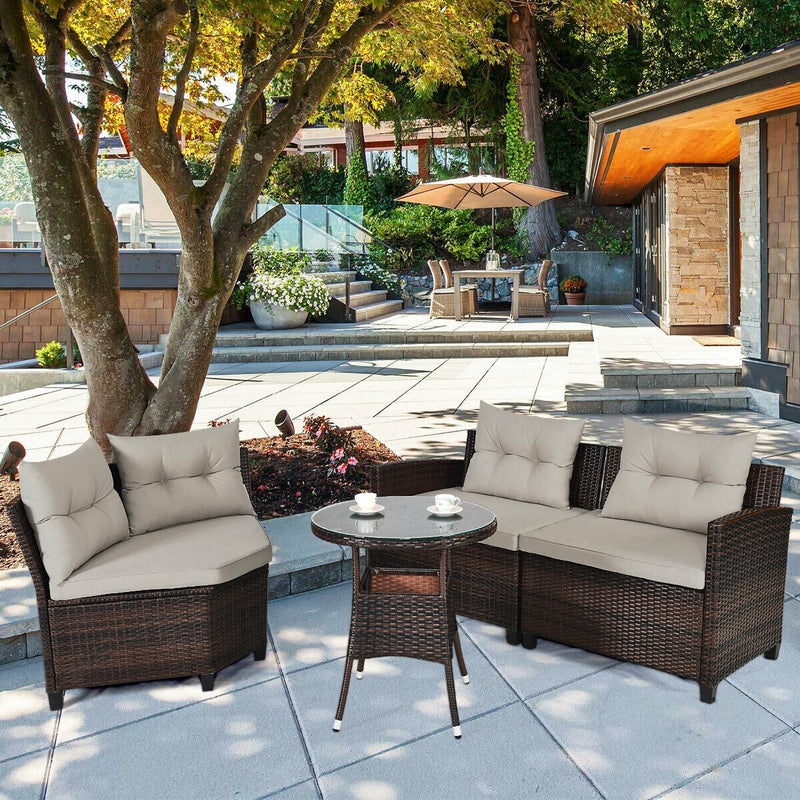 4 Pieces Outdoor Cushioned Rattan Furniture Set-Brown