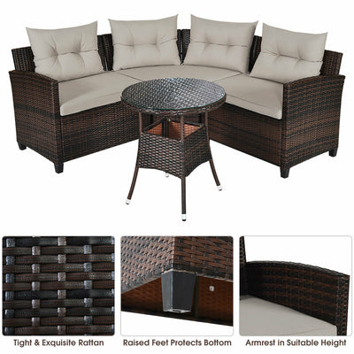 4 Pieces Outdoor Cushioned Rattan Furniture Set-Brown