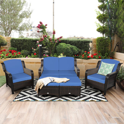 5 Pieces Patio Rattan Sofa Set with Cushion and Ottoman-Navy