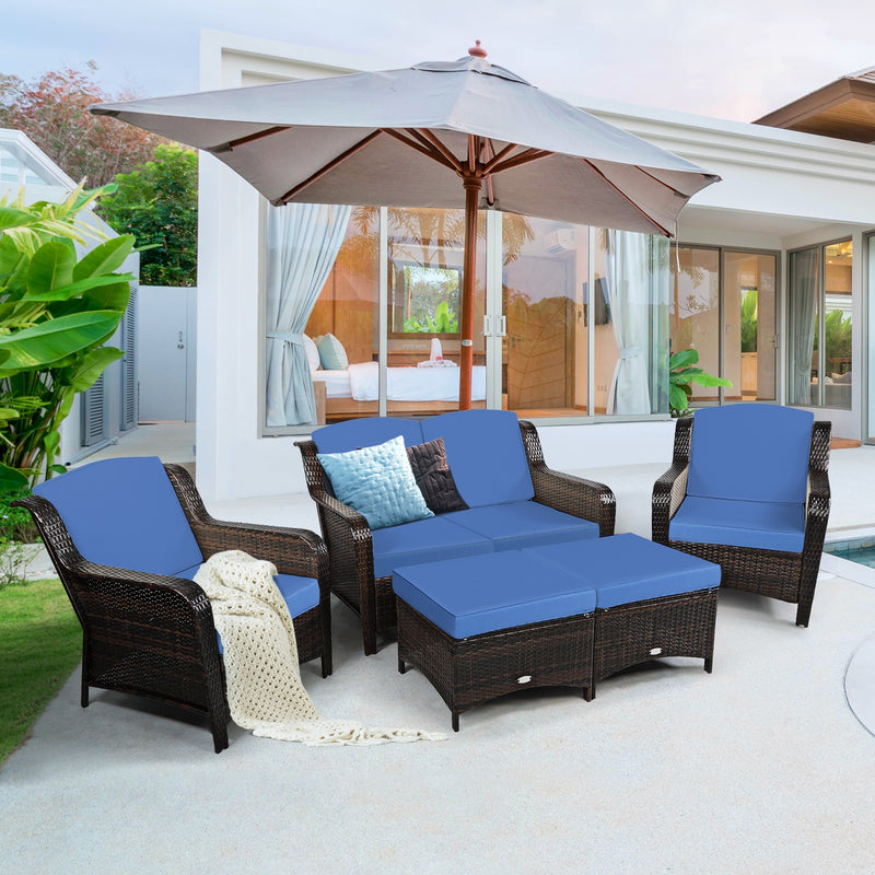 5 Pieces Patio Rattan Sofa Set with Cushion and Ottoman-Navy