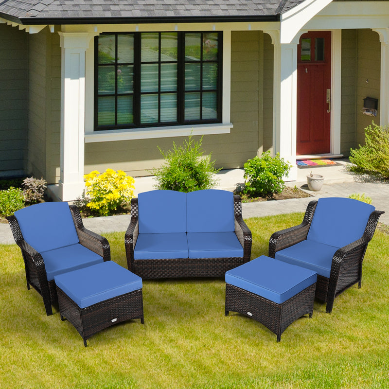 5 Pieces Patio Rattan Sofa Set with Cushion and Ottoman-Navy