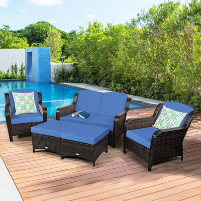 5 Pieces Patio Rattan Sofa Set with Cushion and Ottoman-Navy