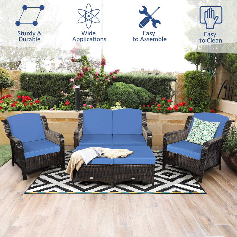 5 Pieces Patio Rattan Sofa Set with Cushion and Ottoman-Navy