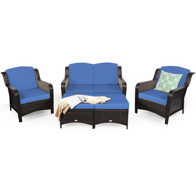 5 Pieces Patio Rattan Sofa Set with Cushion and Ottoman-Navy