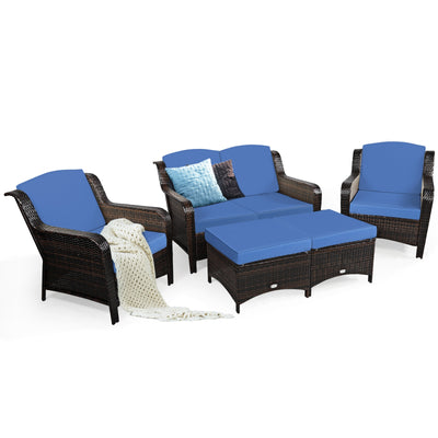 5 Pieces Patio Rattan Sofa Set with Cushion and Ottoman-Navy