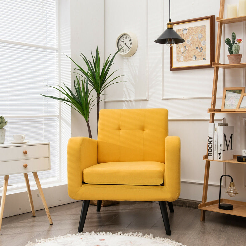 Modern Upholstered Comfy Accent Chair Single Sofa with Rubber Wood Legs-Yellow