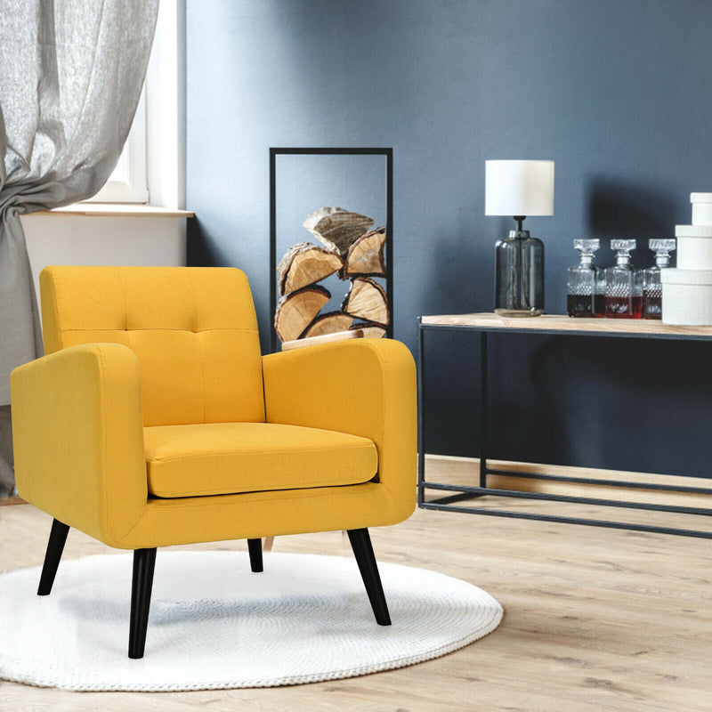 Modern Upholstered Comfy Accent Chair Single Sofa with Rubber Wood Legs-Yellow