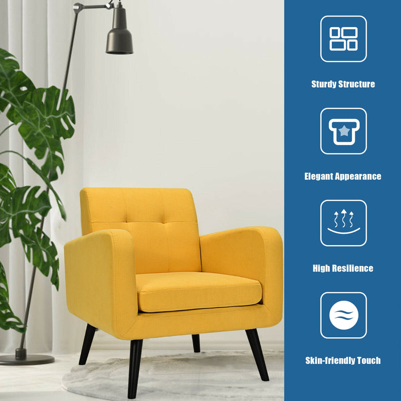 Modern Upholstered Comfy Accent Chair Single Sofa with Rubber Wood Legs-Yellow