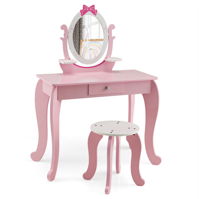 Kid Vanity Table Stool Set with Oval Rotatable Mirror-Pink