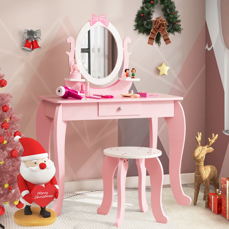 Kid Vanity Table Stool Set with Oval Rotatable Mirror-Pink