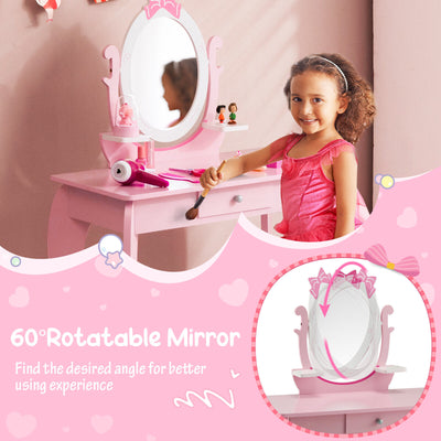 Kid Vanity Table Stool Set with Oval Rotatable Mirror-Pink