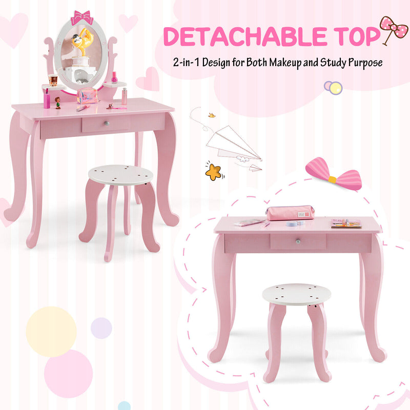 Kid Vanity Table Stool Set with Oval Rotatable Mirror-Pink