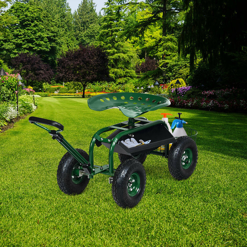 Heavy Duty Garden Cart with Tool Tray and 360 Swivel Seat