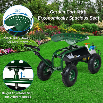 Heavy Duty Garden Cart with Tool Tray and 360 Swivel Seat