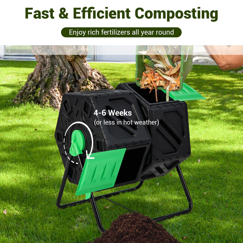 Dual Chamber Garden Compost Tumbler with Sliding Doors-Black & Green