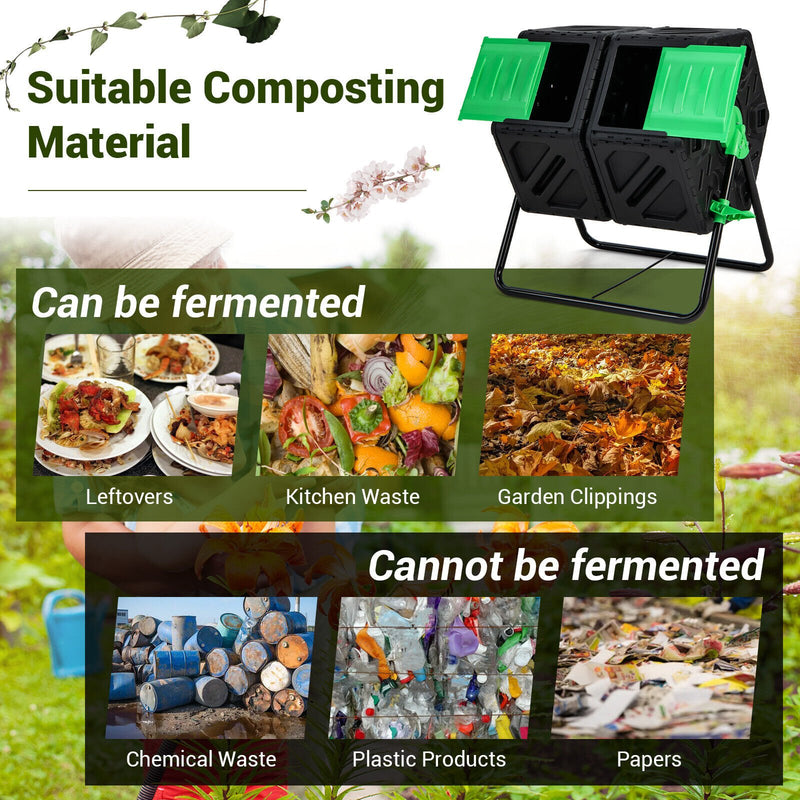 Dual Chamber Garden Compost Tumbler with Sliding Doors-Black & Green