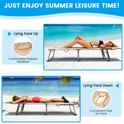 Folding Chaise Lounge Chair with Face Hole for Beach-Beige