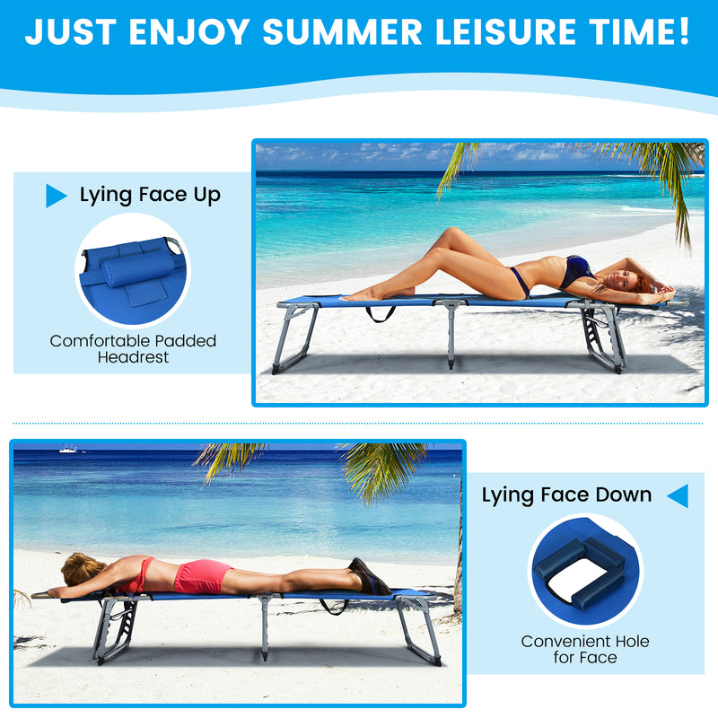 Folding Chaise Lounge Chair with Face Hole for Beach-Blue