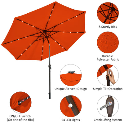 10' Solar LED Lighted Patio Market Umbrella Shade Tilt Adjustment Crank-Orange