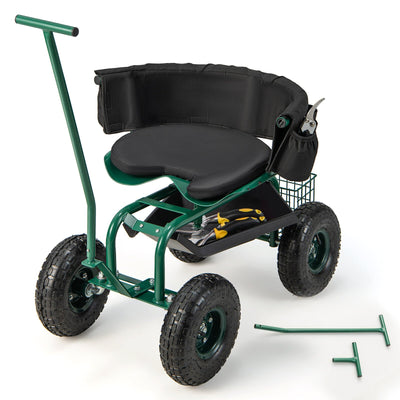 Rolling Garden Cart with Height Adjustable Swivel Seat and Storage Basket-Green