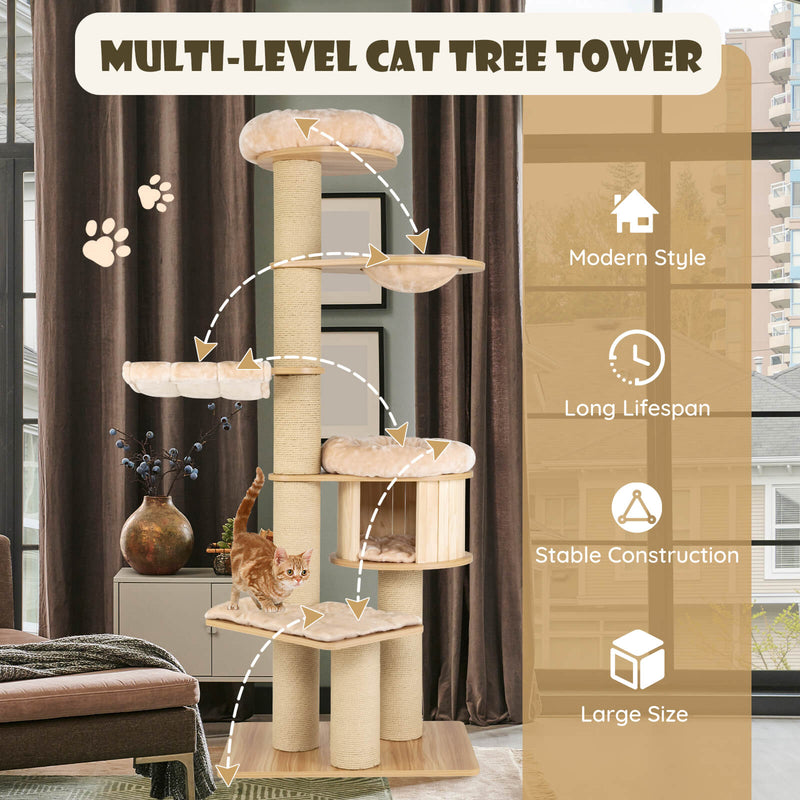 Modern Tall Cat Tree Tower with Scratch Posts and Washable Mats-Beige