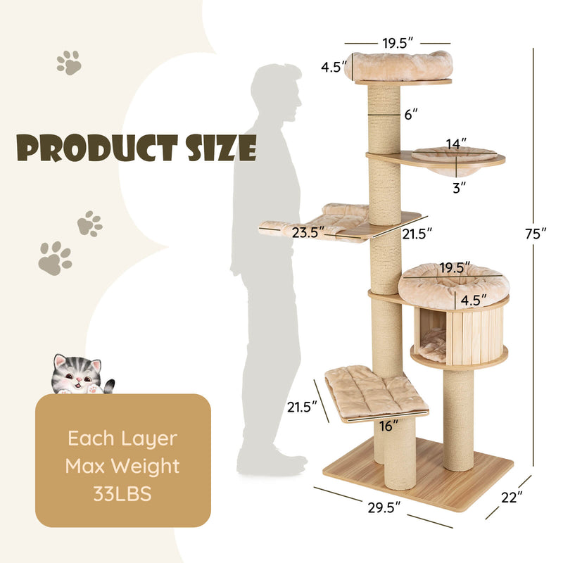 Modern Tall Cat Tree Tower with Scratch Posts and Washable Mats-Beige