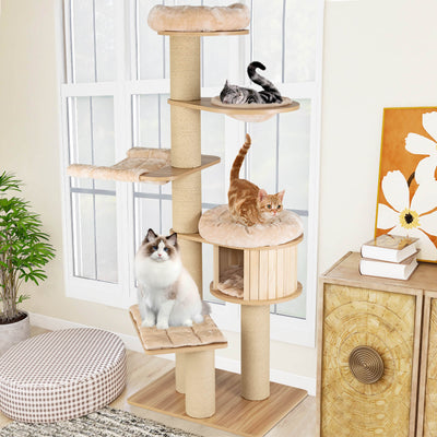 Modern Tall Cat Tree Tower with Scratch Posts and Washable Mats-Beige