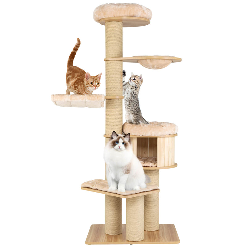 Modern Tall Cat Tree Tower with Scratch Posts and Washable Mats-Beige