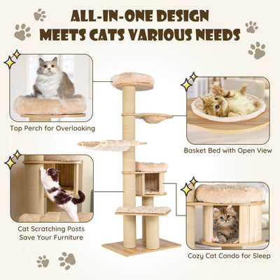 Modern Tall Cat Tree Tower with Scratch Posts and Washable Mats-Beige