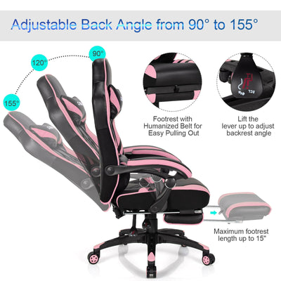 Adjustable Gaming Chair with Footrest for Home Office-Pink