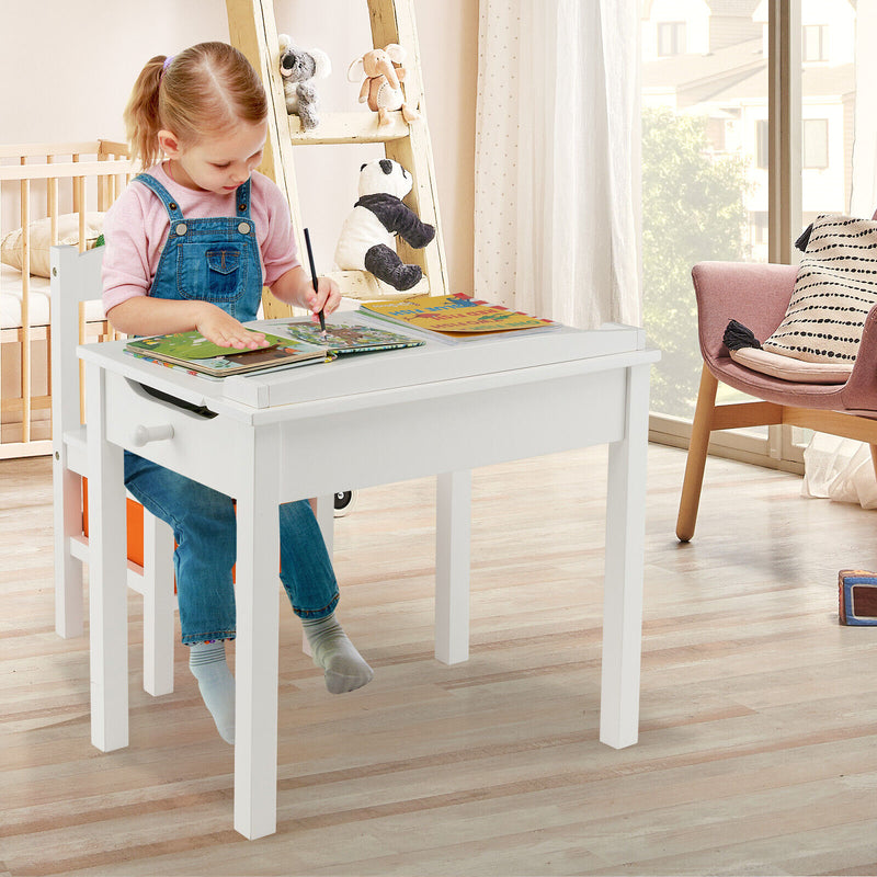 Wood Activity Kids Table and Chair Set with Storage Space-White