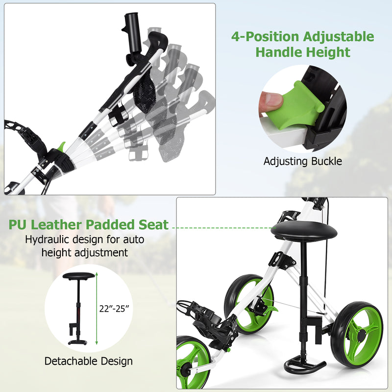 Foldable 3 Wheels Push Pull Golf Trolley with Scoreboard Bag-Green