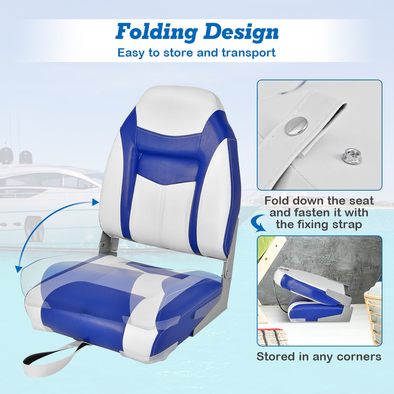 High Back Folding Boat Seats with Blue White Sponge Cushion and Flexible Hinges-Blue