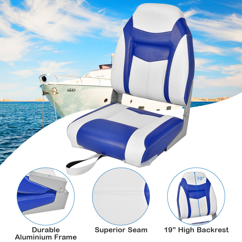 High Back Folding Boat Seats with Blue White Sponge Cushion and Flexible Hinges-Blue