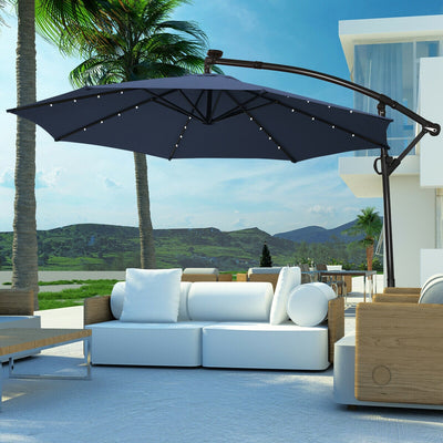 10 FT 360° Rotation Solar Powered LED Patio Offset Umbrella without Weight Base-Navy