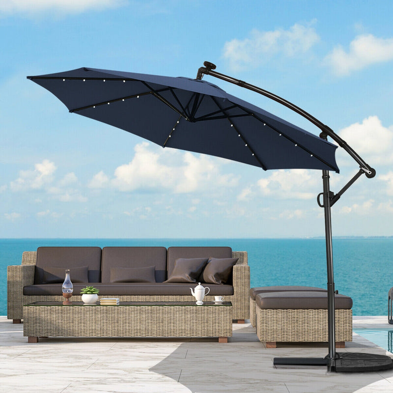 10 FT 360° Rotation Solar Powered LED Patio Offset Umbrella without Weight Base-Navy