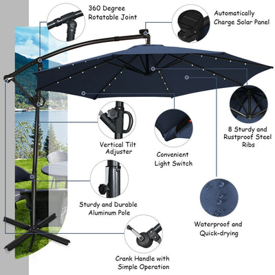 10 FT 360° Rotation Solar Powered LED Patio Offset Umbrella without Weight Base-Navy