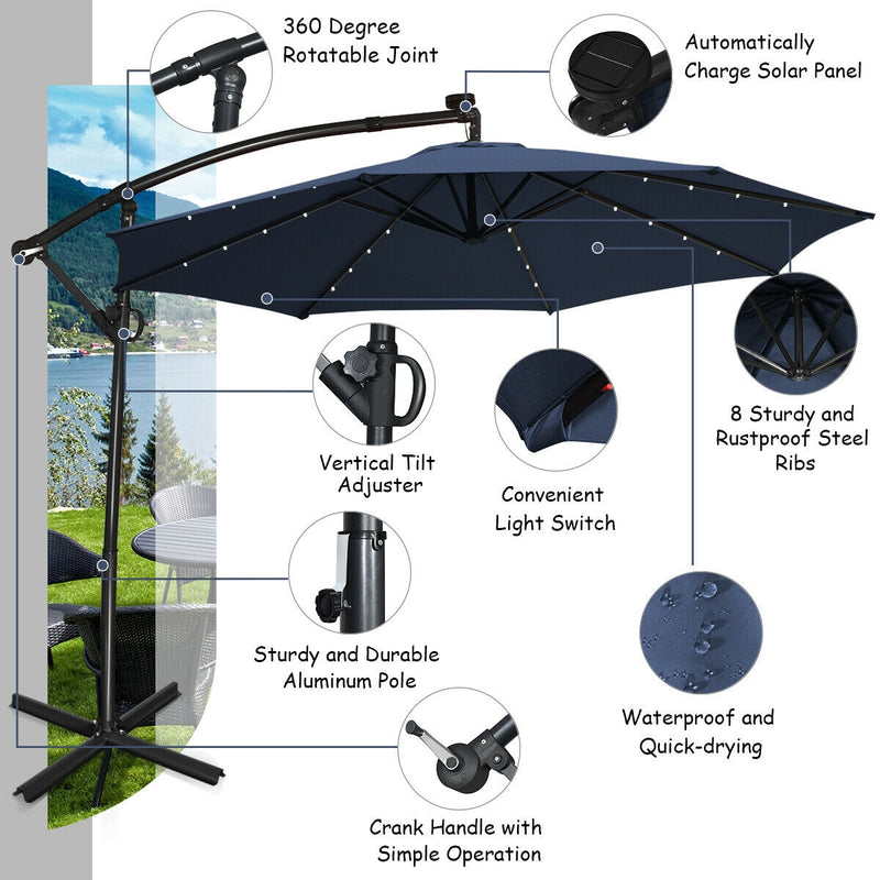 10 FT 360° Rotation Solar Powered LED Patio Offset Umbrella without Weight Base-Navy