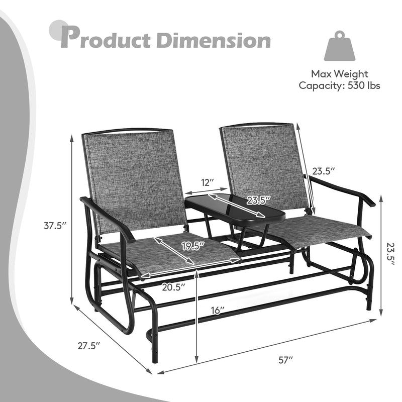 2-Person Double Rocking Loveseat with Mesh Fabric and Center Tempered Glass Table-Gray