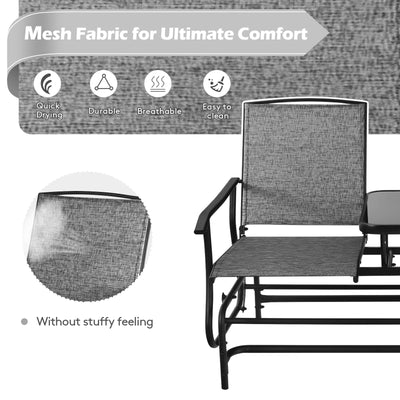 2-Person Double Rocking Loveseat with Mesh Fabric and Center Tempered Glass Table-Gray