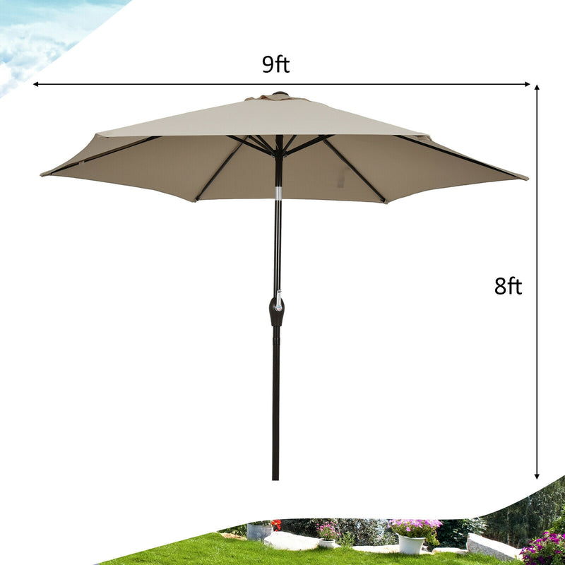 9FT Patio Umbrella Patio Market Steel Tilt W/ Crank Outdoor Yard Garden-Tan